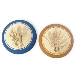 2 -Blue Moon Pottery Bread Warmer Stoneware Trivet Wall Plaque Botanical Ceramic